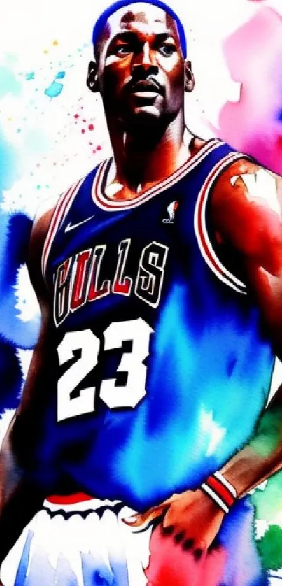 Colorful watercolor art of a basketball player in jersey.