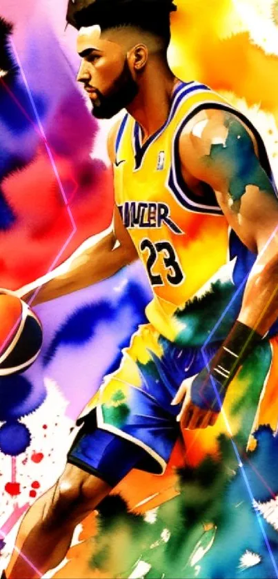 Vibrant artwork of a basketball player in orange and yellow with colorful splashes.