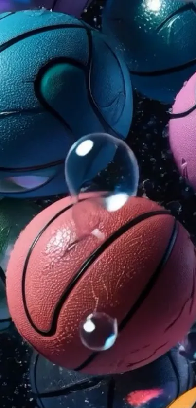 Vibrant basketballs with bubbles on a dark background.