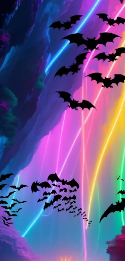 Vibrant wallpaper with neon lights and bats silhouetted against colorful backdrop.