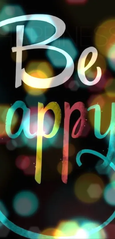 Colorful 'Be happy!' text on vibrant background.