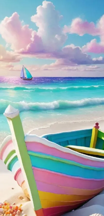 Vibrant beach scene with colorful boat and ocean waves.