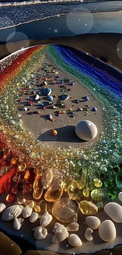 Rainbow-colored stones arranged creatively on a beach with a serene ocean background.