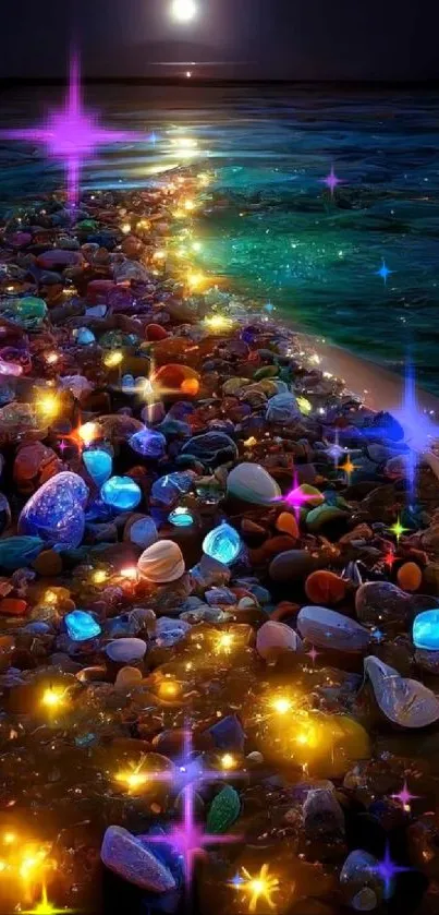 Colorful stones on a moonlit beach with glowing lights.