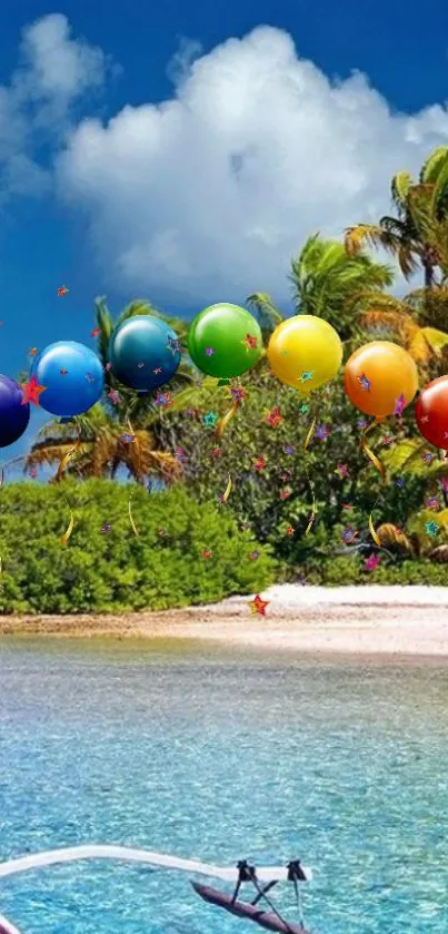 Tropical beach with colorful balloons and blue ocean water.