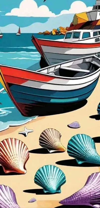 Vibrant coastal scene with boats and seashells on a sunny beach.