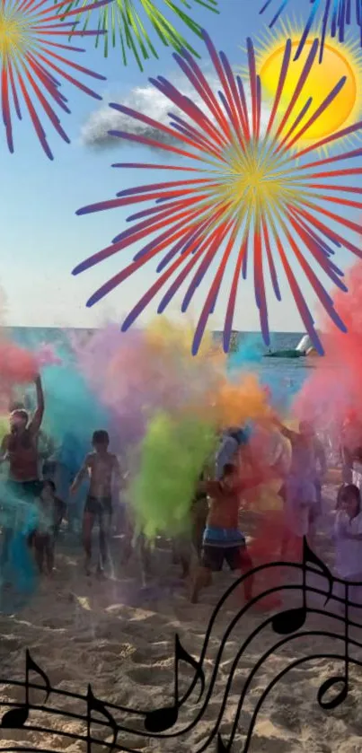 Festive beach scene with fireworks and color powder.