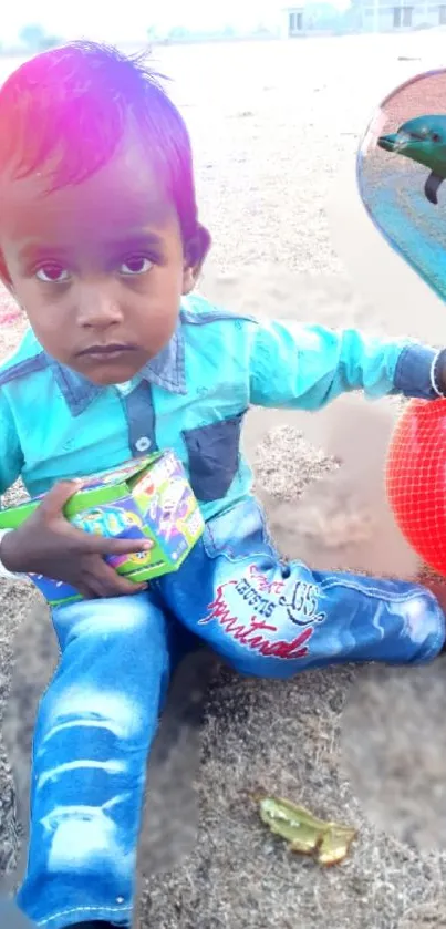 A child with a dolphin on a colorful beach background.