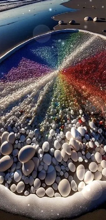 Colorful beach art with stones and foam in a circle.