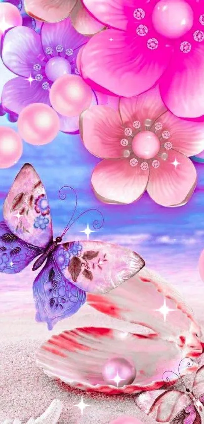 Vibrant fantasy beach scene with butterflies and flowers.