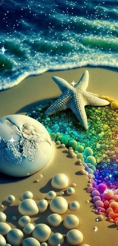 Colorful starfish and seashell on a fantasy beach scene with rainbow bubbles.