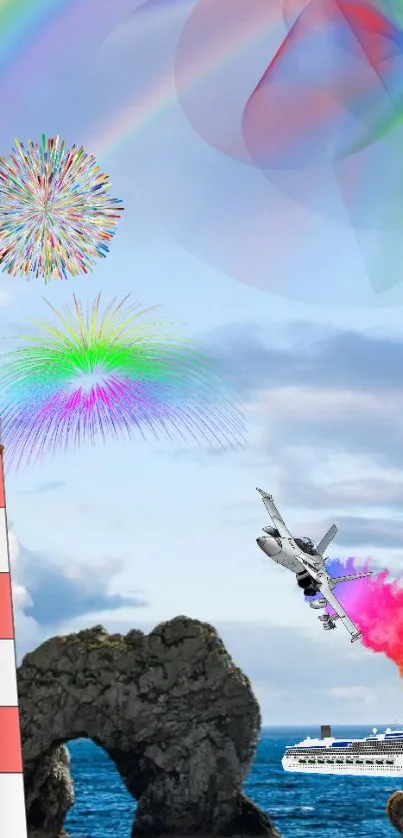 Colorful beach wallpaper with fireworks, lighthouse, jet, and cruise ship.