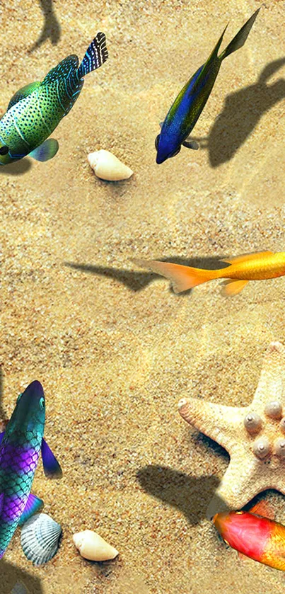 Decorative fish swim over sandy beach with shells in a colorful mobile wallpaper.