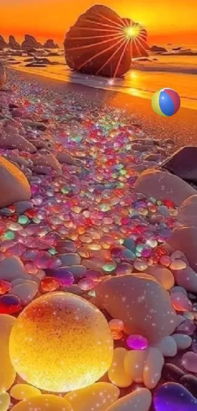 Vibrant beach sunset with colorful gemstones on sand.