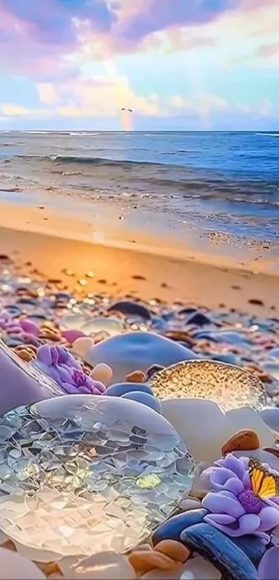 Colorful beach scene with glass stones and ocean waves under a vivid sky.