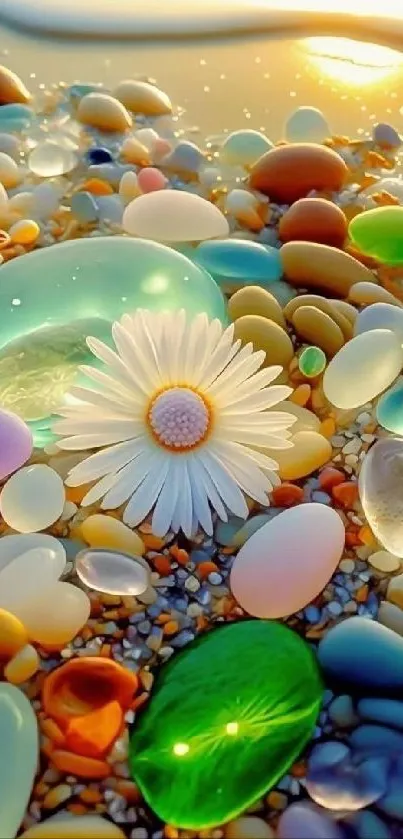 Vibrant beach stones and daisy wallpaper.