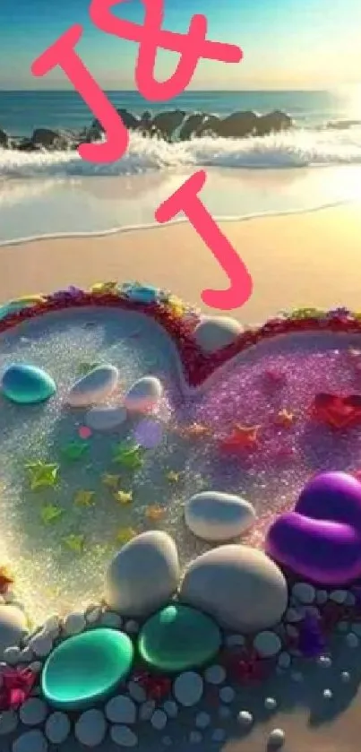 Colorful heart-shaped stone art on a sandy beach with a vibrant ocean view.