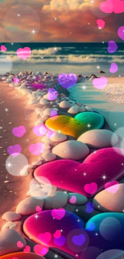 Colorful heart-shaped stones on the beach with a scenic sunset background.