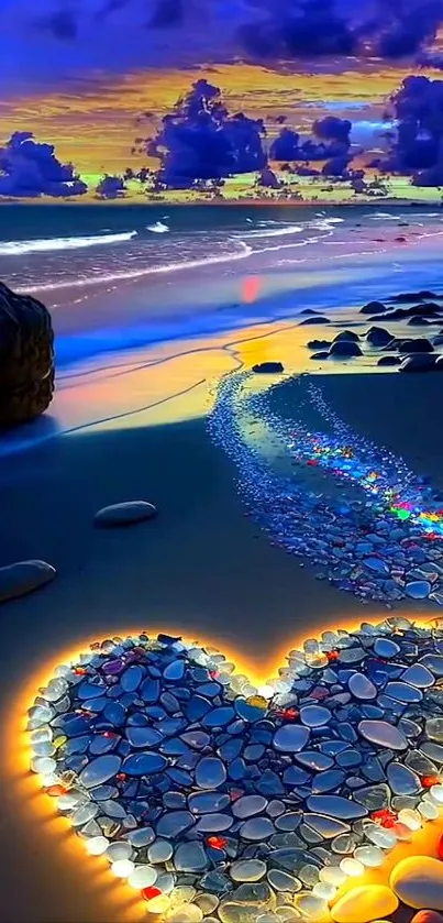 Colorful beach scene with heart stones at sunset.