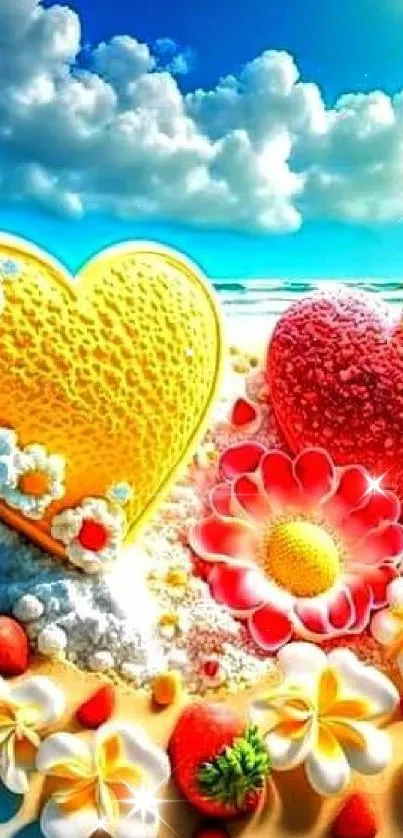 Colorful beach scene with heart-shaped designs and flowers.