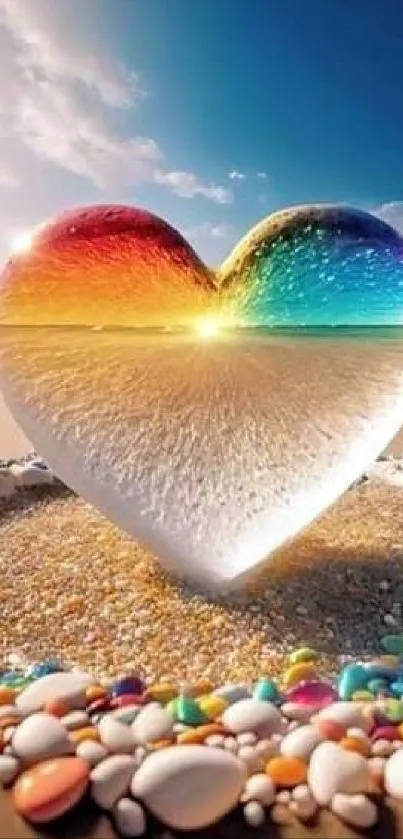 Multicolored heart on beach with ocean background.