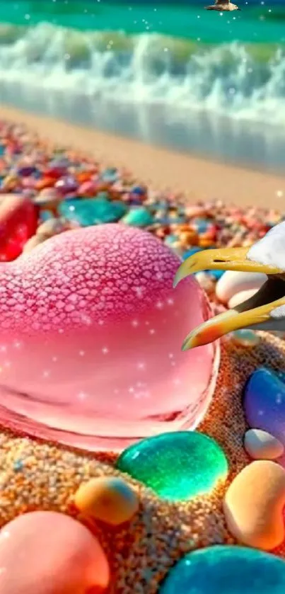 Colorful beach wallpaper with heart shell and seagull.