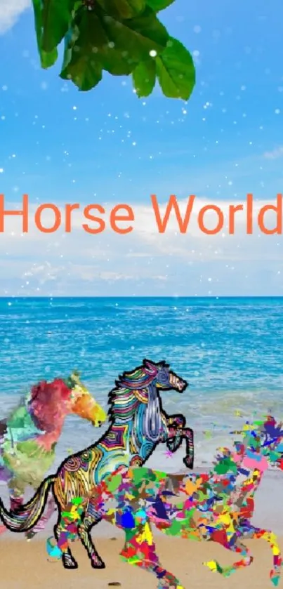 Colorful horse art with beach background and blue sky.