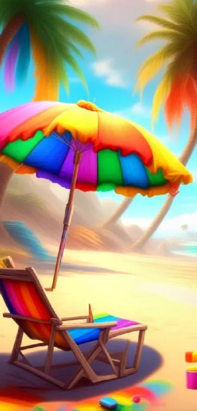 Vibrant beach scene with rainbow umbrella and palm trees on a sunny day.