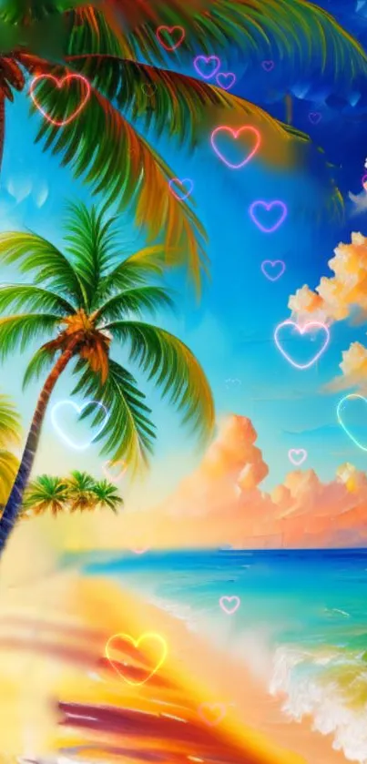 Vibrant beach wallpaper with palm trees and neon hearts.