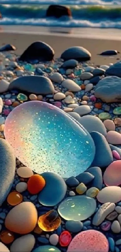 Vibrant beach pebbles glowing in sunset light with ocean waves.