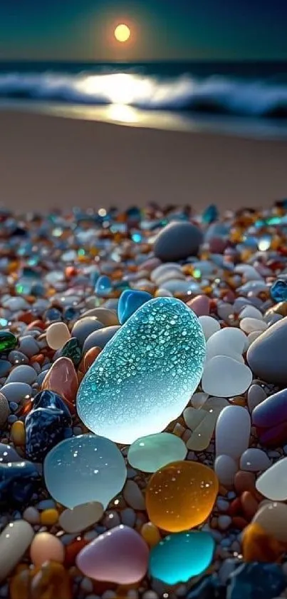 Colorful pebbles on a beach at dawn with a glowing sunrise.