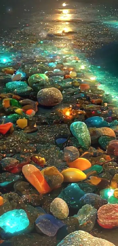 Vibrant glowing pebbles on a moonlit beach.