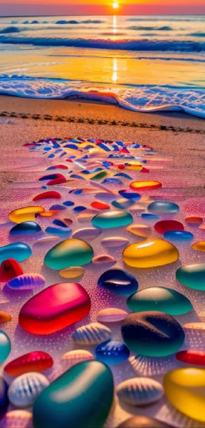 Beach sunset with colorful pebbles and ocean waves.