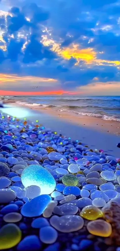 Colorful pebbles on a beach illuminated by a vibrant sunset.