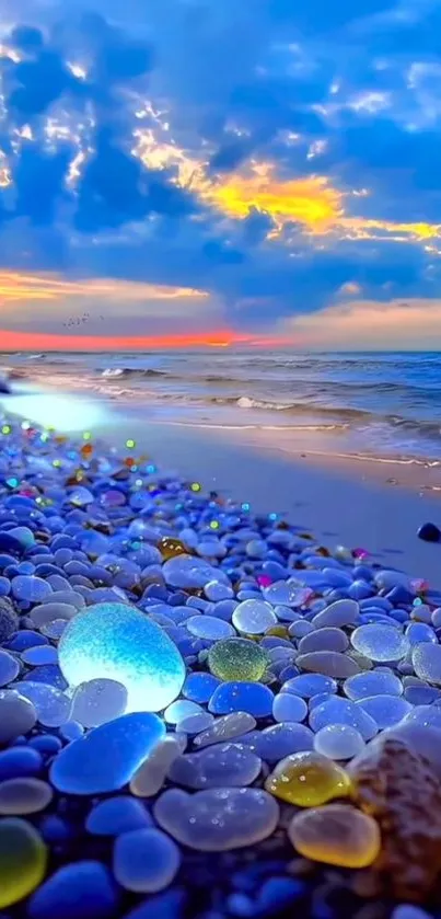 Colorful pebbles on a sunset beach with an ocean view.