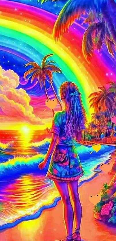 Vibrant beach with rainbow and sunset on a colorful wallpaper.