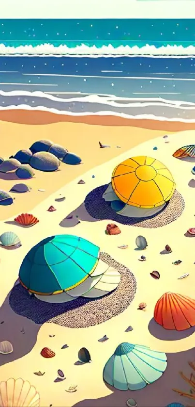 Colorful beach with seashells and umbrellas on golden sand.