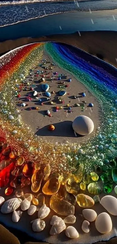 Rainbow-colored stones artistically arranged on a sandy beach.