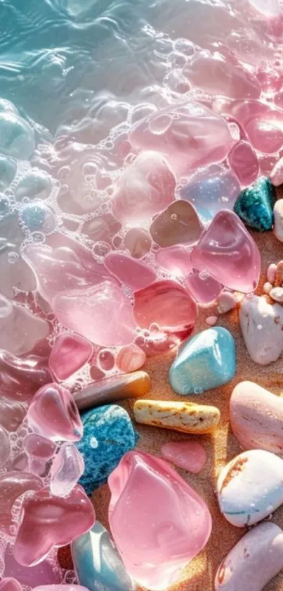 Colorful stones and ocean waves on a beach.