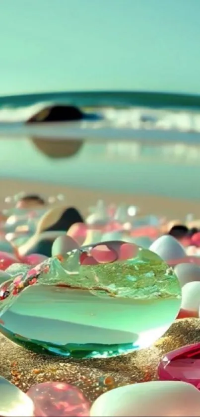 Colorful beach stones with ocean backdrop.