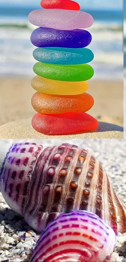 Colorful stacked stones and seashells on a beach