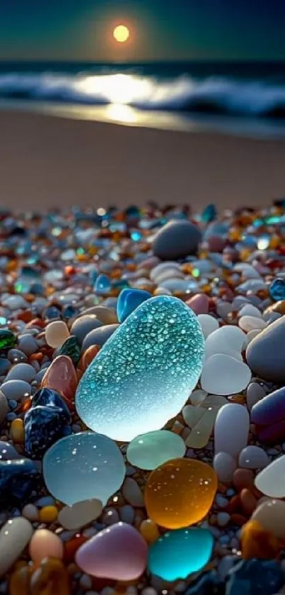 Vibrant pebbles under moonlit beach with visible ocean waves.