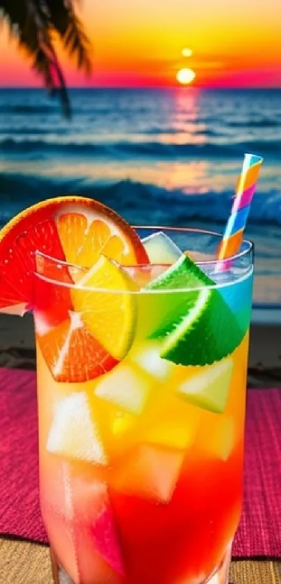 Colorful cocktail on a beach with a sunset view and ocean waves.