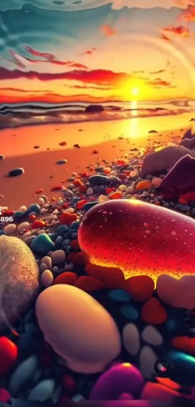 Vibrant beach sunset with colorful stones on the shore and reflective ocean waves.