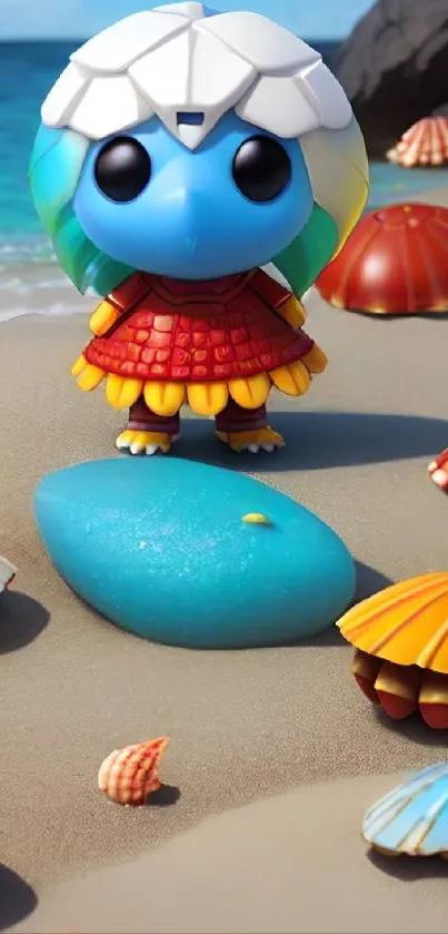 Vibrant toy and shells on a beach scene.