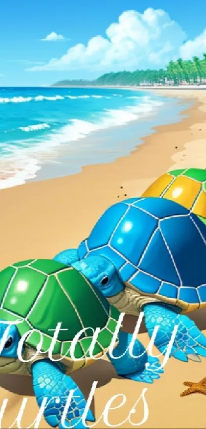 Colorful turtles exploring a sunny beach.