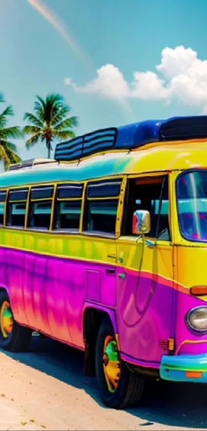 Colorful van on a sunny beach with palm trees.