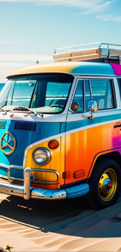 A vibrant van with colorful gradient parked on a sunny beach.