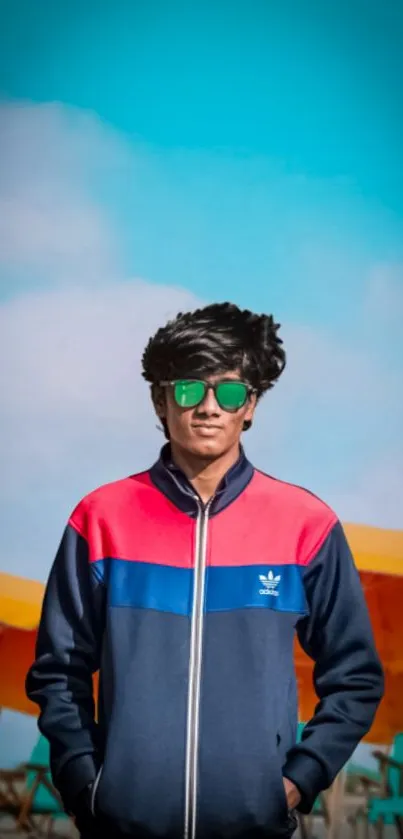 Stylish young man with sunglasses against a vibrant beach backdrop.