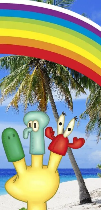 Cartoon characters with rainbow over a tropical beach background.